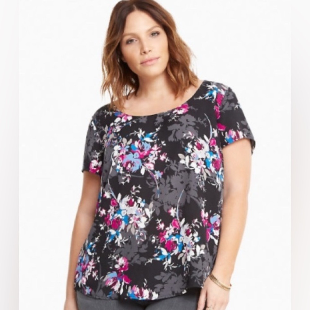 Torrid 0 Georgette Button Back Floral Top, Size Large or 12, black purple blue